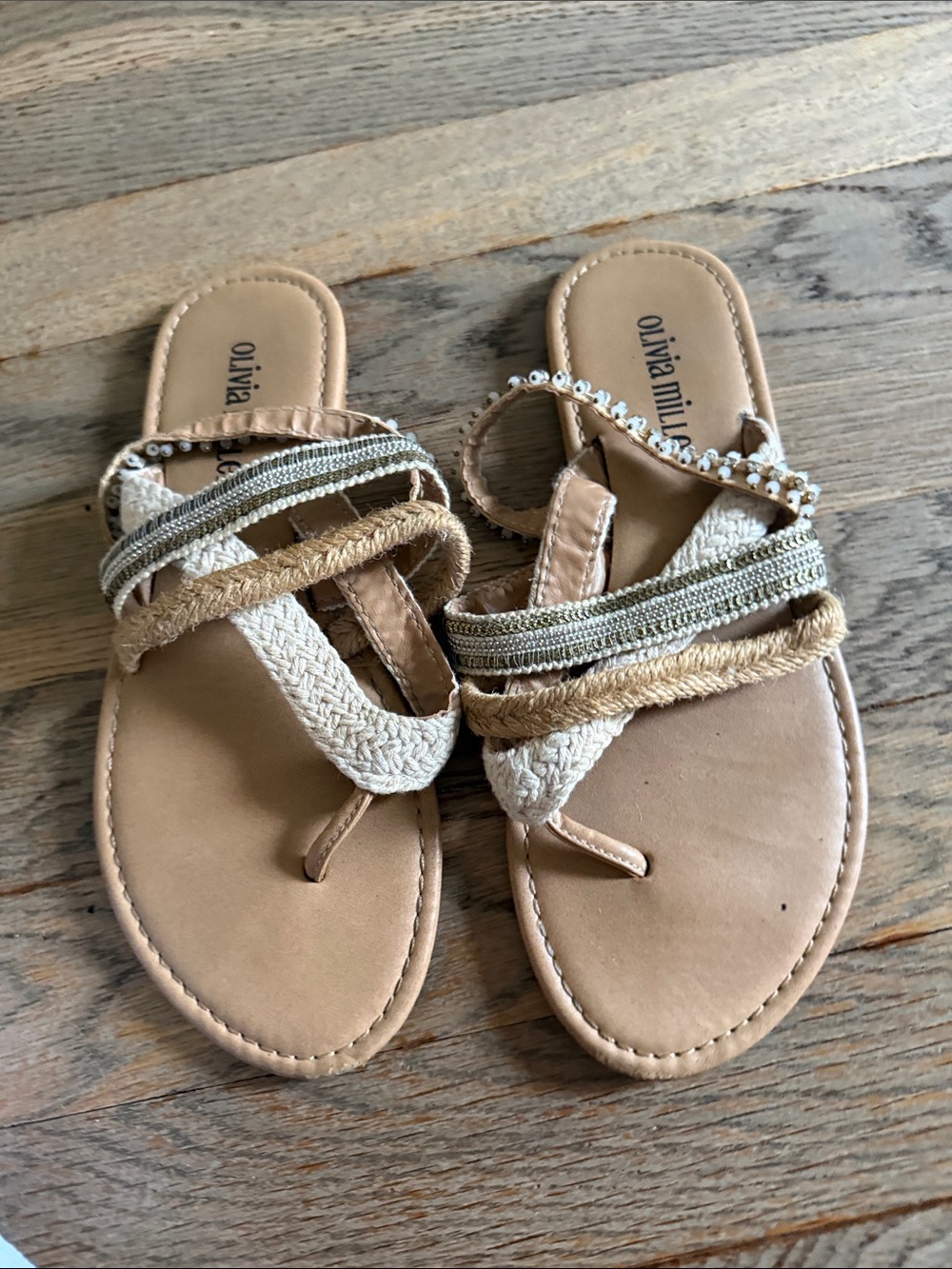 Olivia Miller Tan, Ivory and Metallic Beaded Braided Sandals